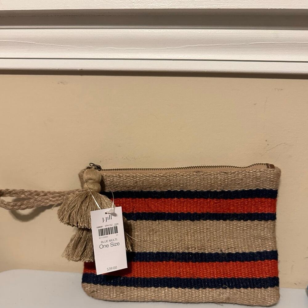 J. Jill Clutch Wristlet Pouch Raffia Striped with Tasseled Boho Resort Beach